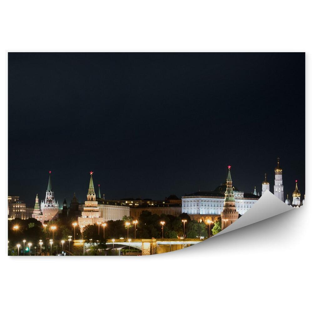 Fototapeta Widok na kreml moskwa drzewa lampy most rzeka noc