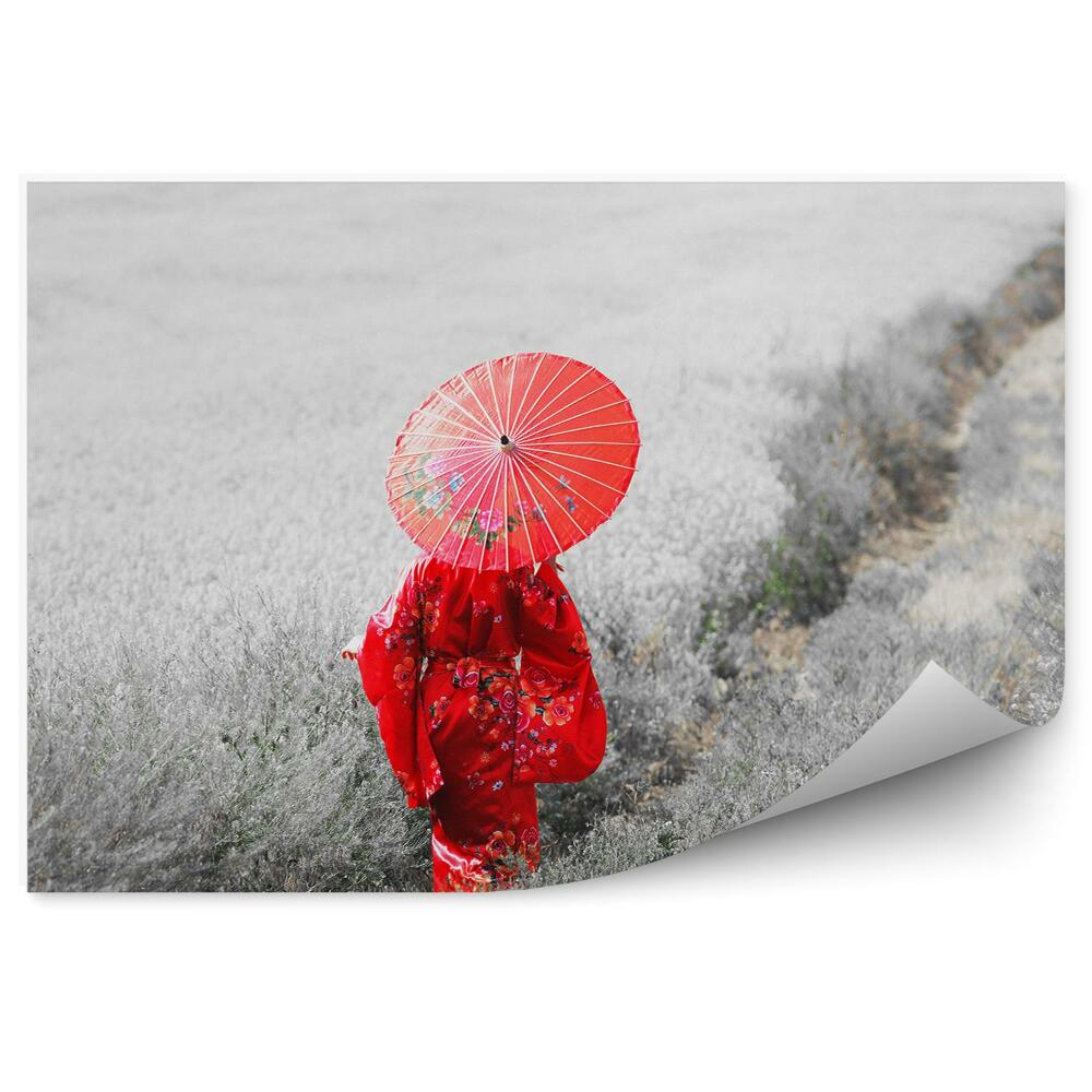 Fotopeta Kobieta w kimonie z parasolką ścieżka pole