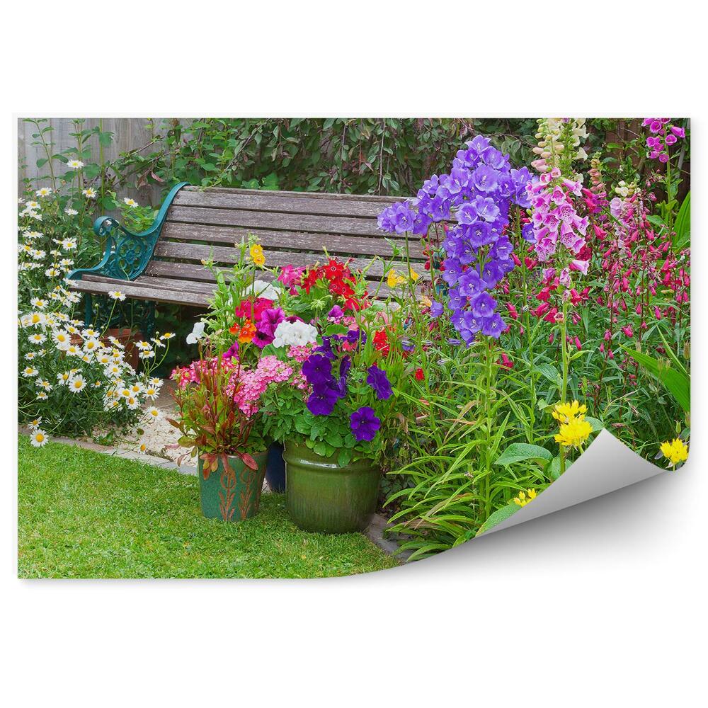 Okleina ścienna Drewniana ławeczka ogród kolorowe kwiaty