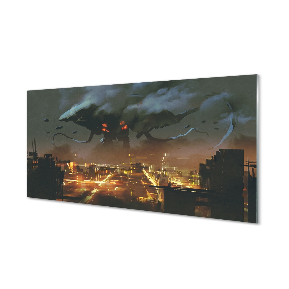 Obraz na szkle Miasto nocą dym potwór Cthulhu