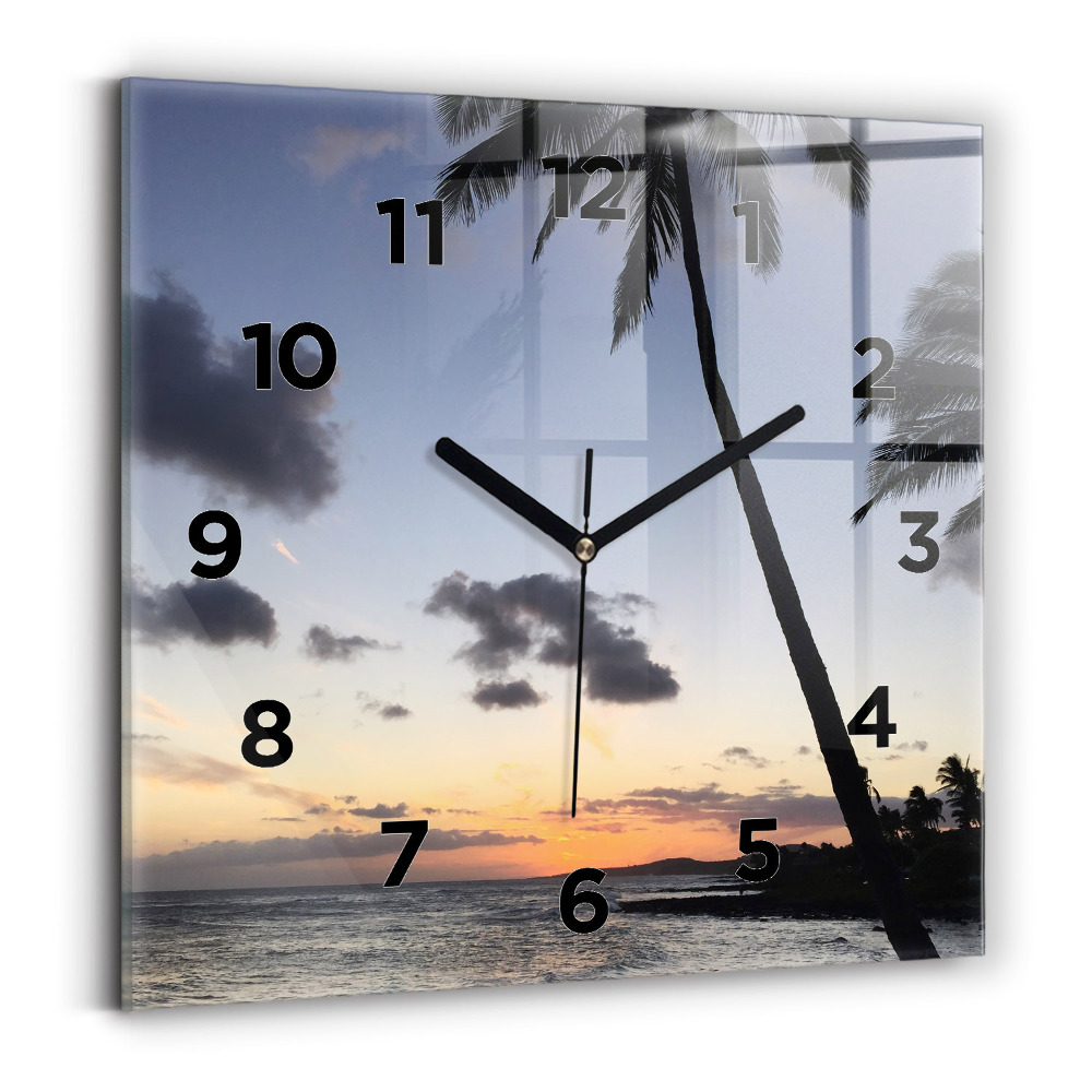 Zegar szklany 30x30 Palma i wschód słońca