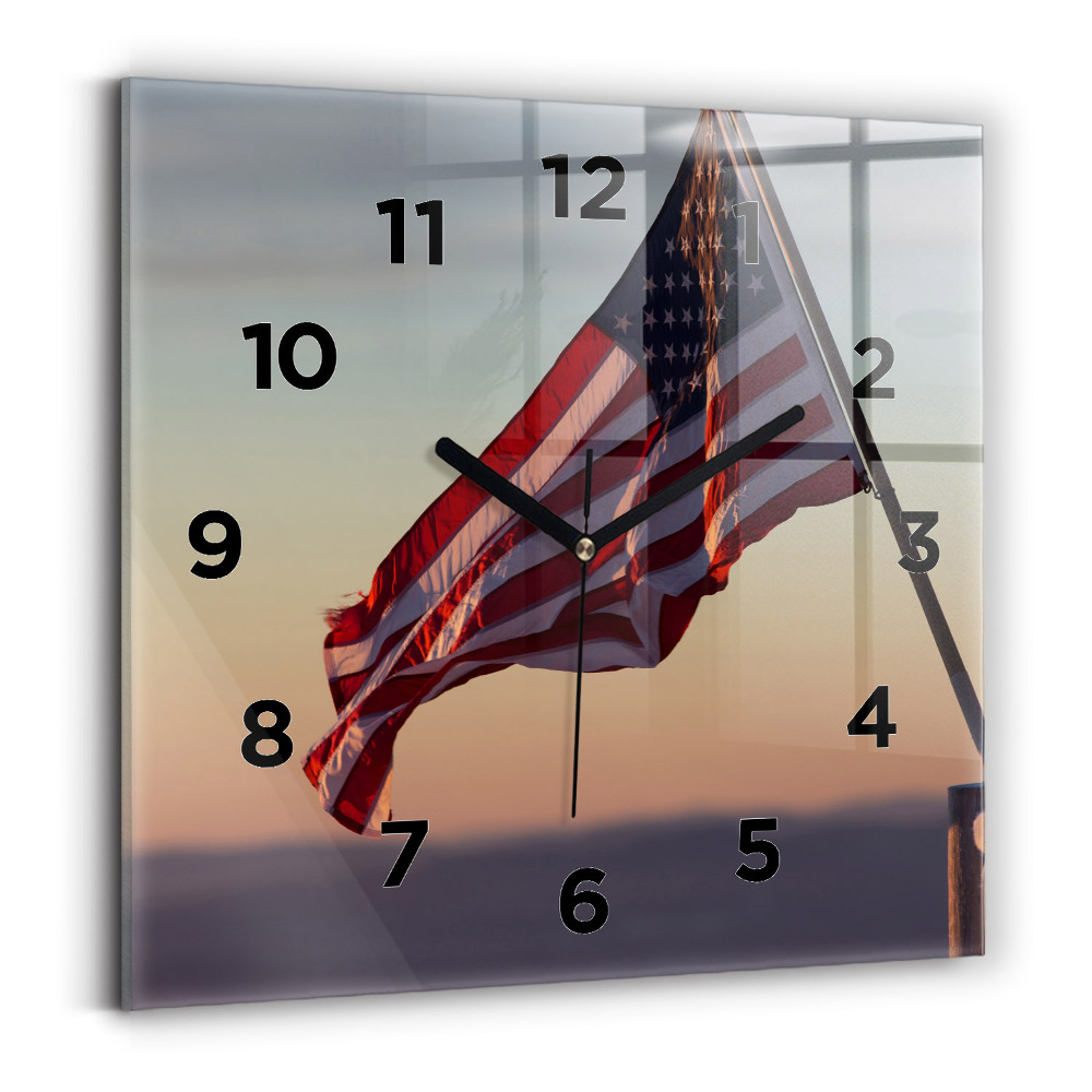 Zegar szklany 30x30 Wiejąca flaga USA