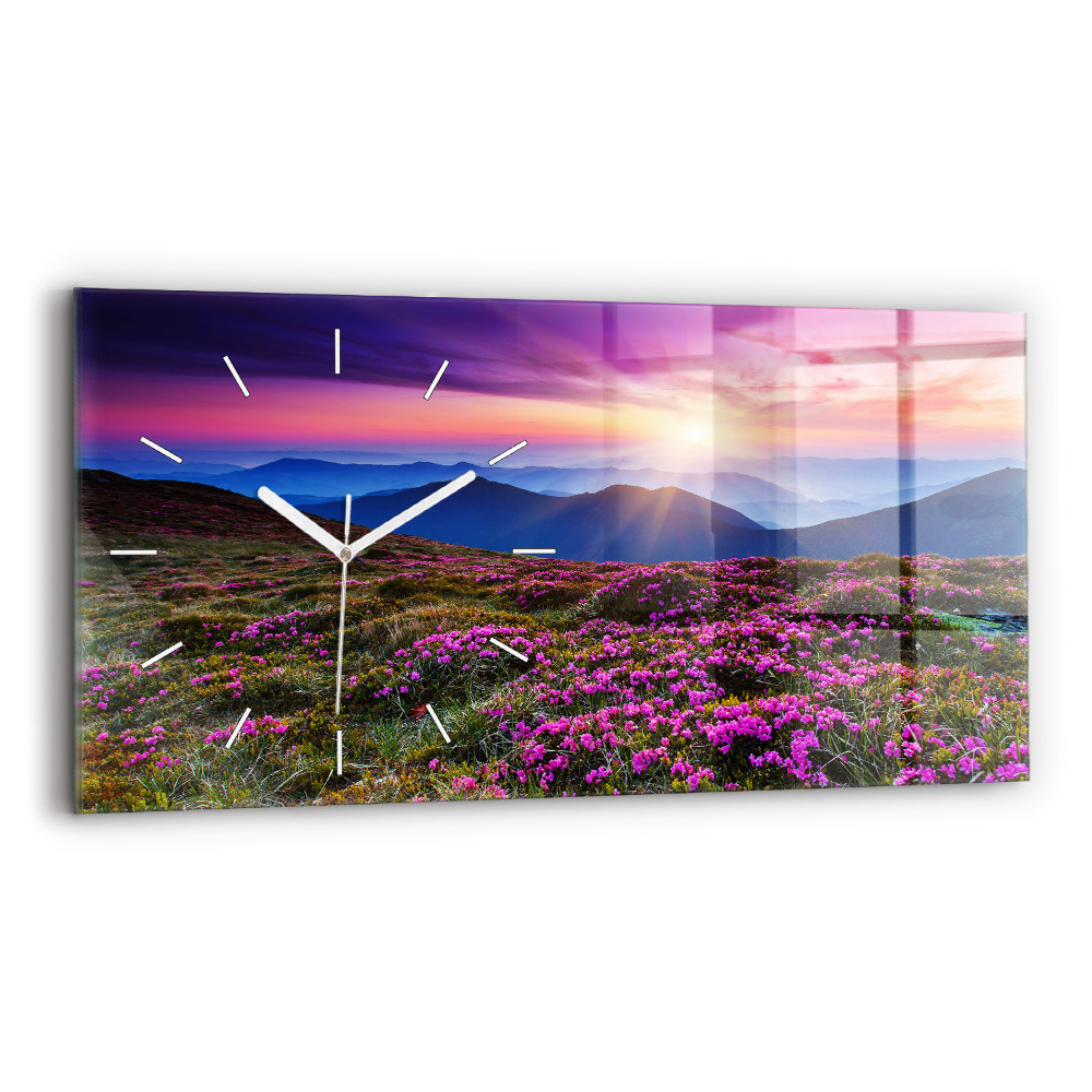Zegar szklany 60x30 Wschód słońca kwiaty