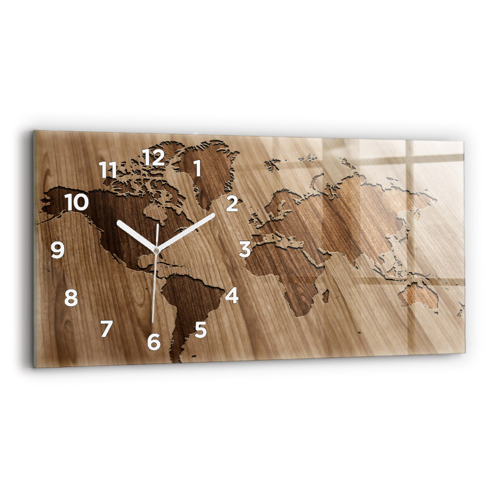 Zegar szklany 60x30 Mapa świata na drewnie