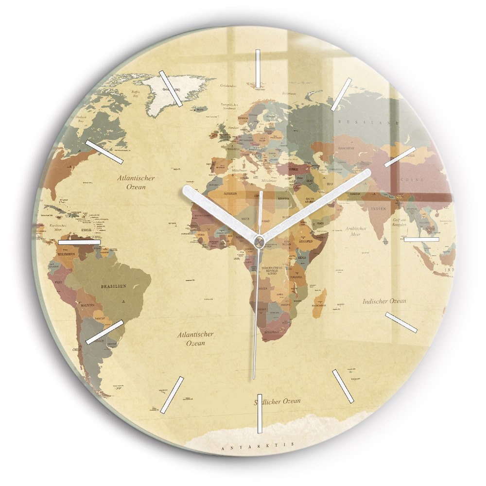 Zegar szklany fi30 Mapa świata w stylu vintage