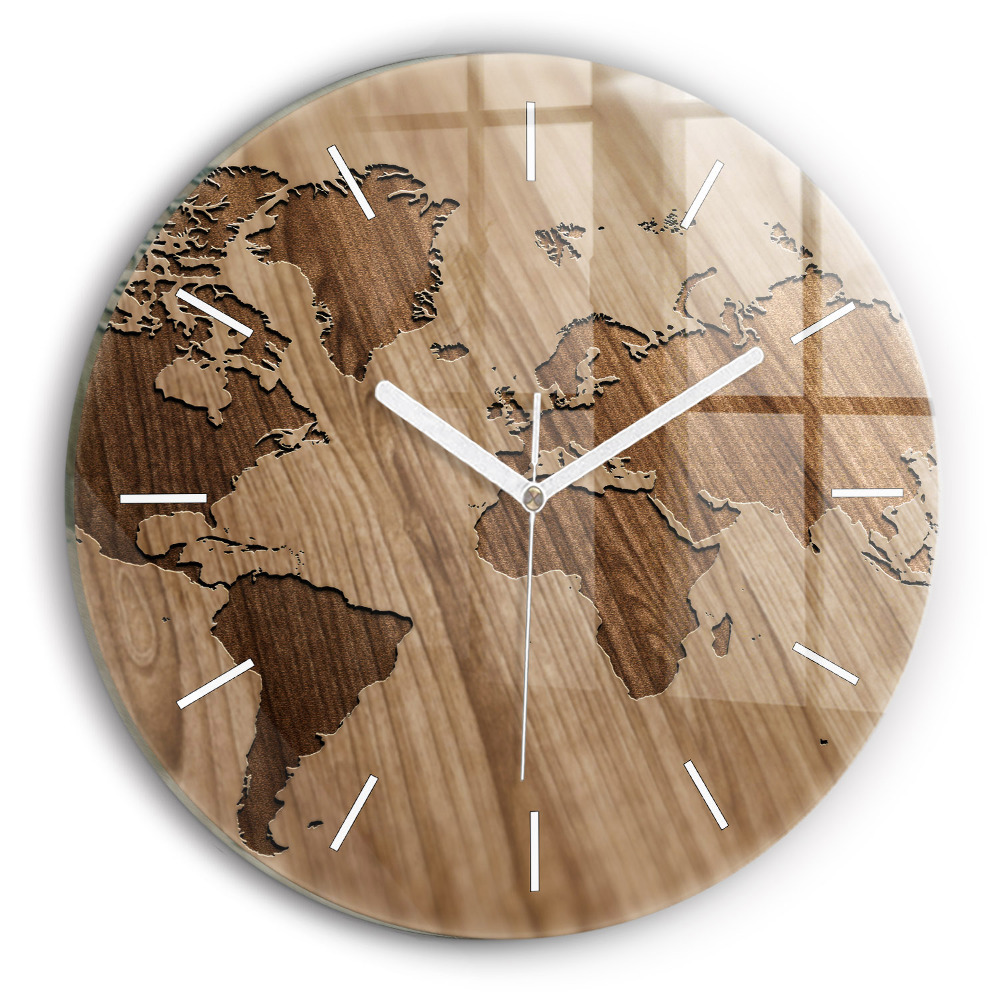 Zegar szklany fi30 Mapa świata na drewnie