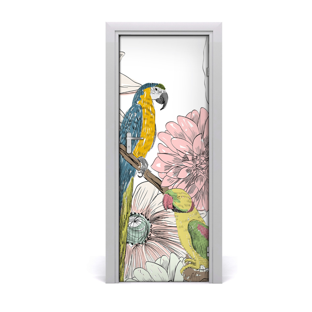 Naklejka samoprzylepna na drzwi Papugi kwiaty