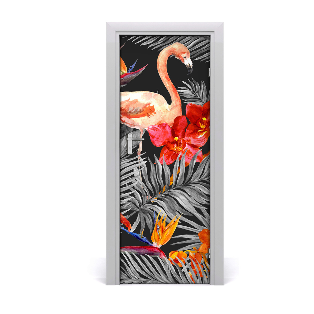 Naklejka samoprzylepna na drzwi Flamingi kwiaty