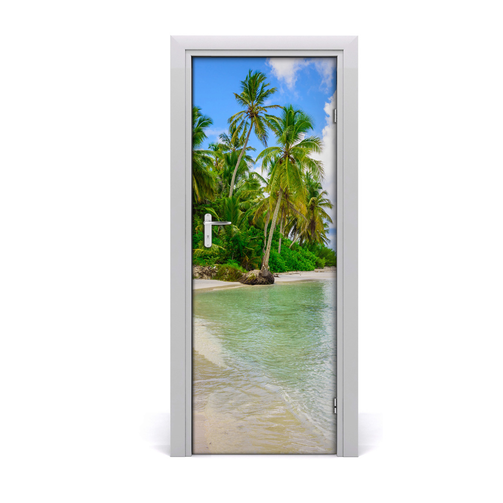 Naklejka na drzwi samoprzylepna Plaża palmy woda