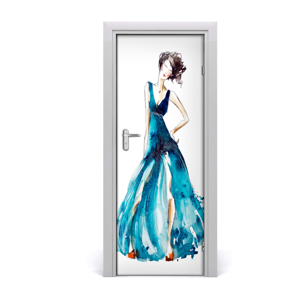 Naklejka samoprzylepna na drzwi Kobieta w niebieskiej sukience