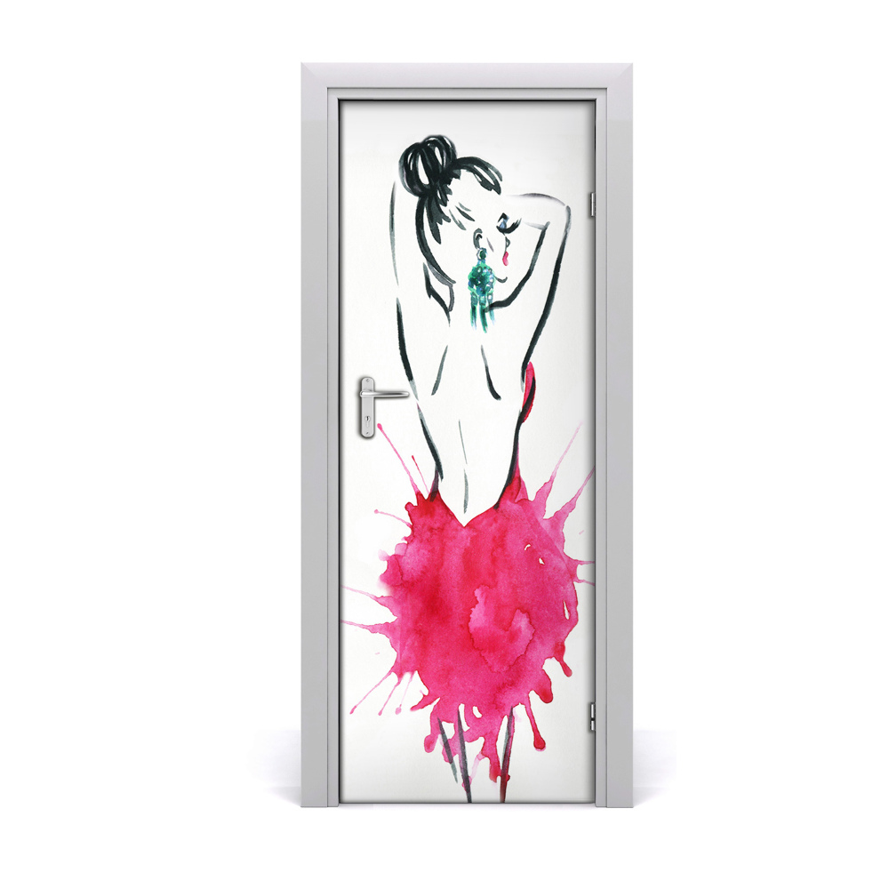 Naklejka samoprzylepna na drzwi Kobieta różowa sukienka
