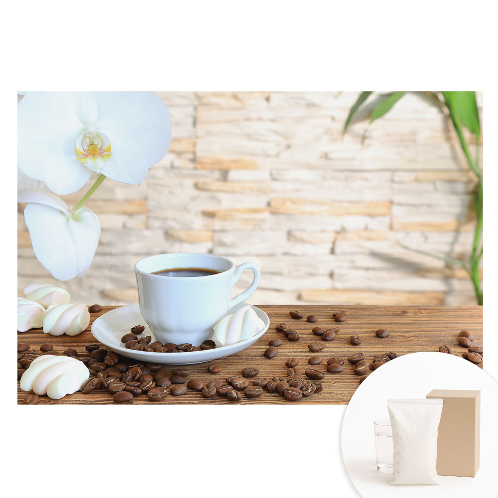 Fototapeta na flizelinie Kawa i orchidea na drewnie