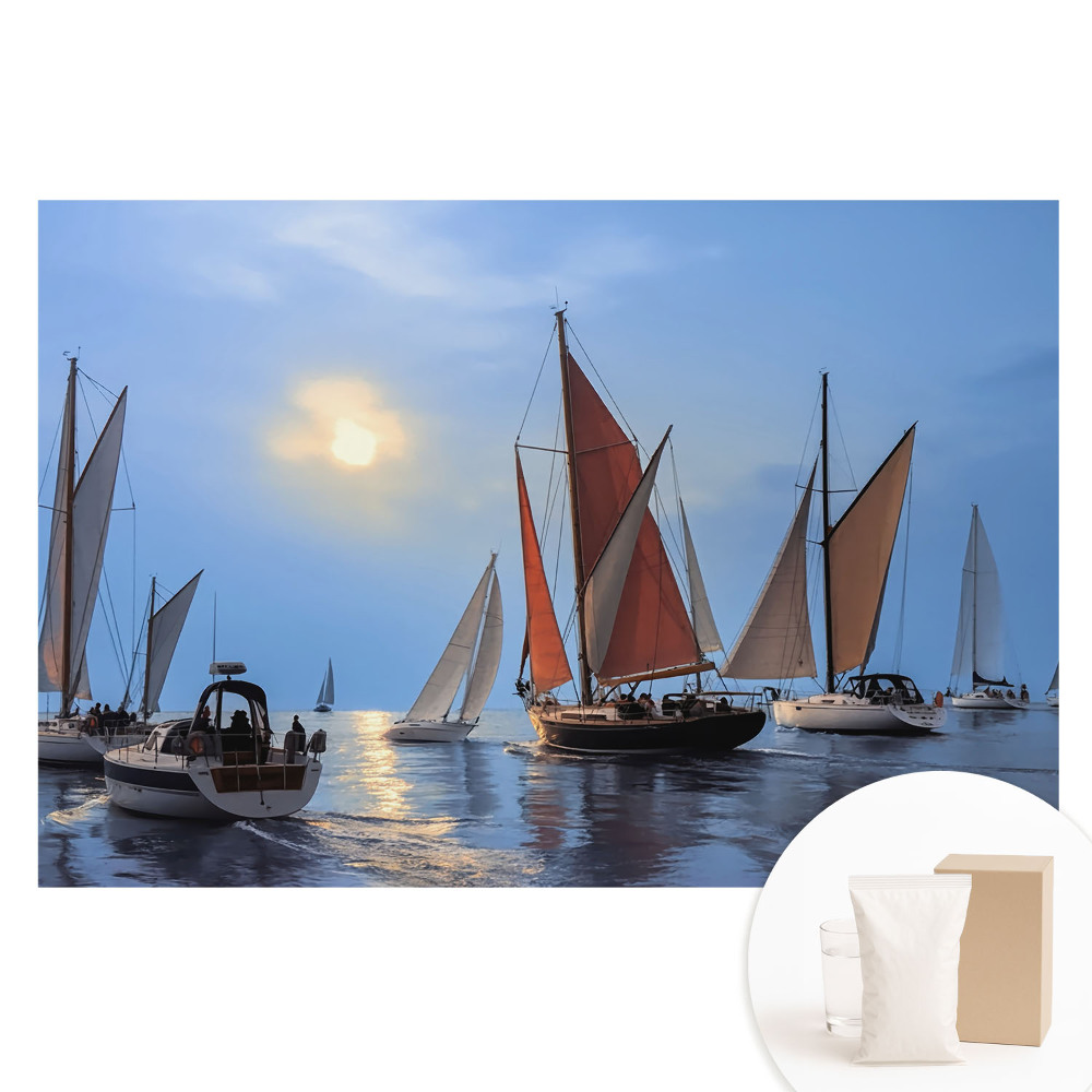 Fototapeta z nadrukiem na flizelinie Jachty i zachód słońca na spokojnym morzu