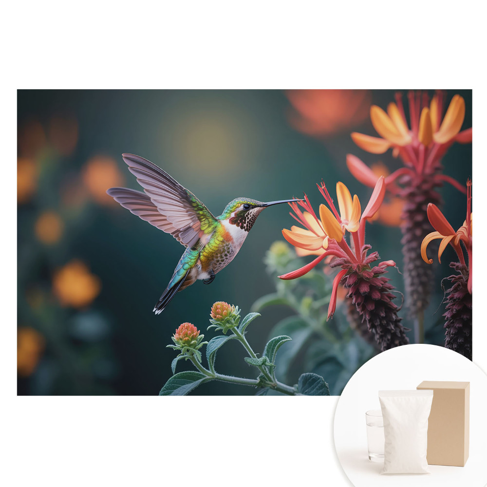 Fototapeta na flizelinie Koliber wśród kwitnących roślin