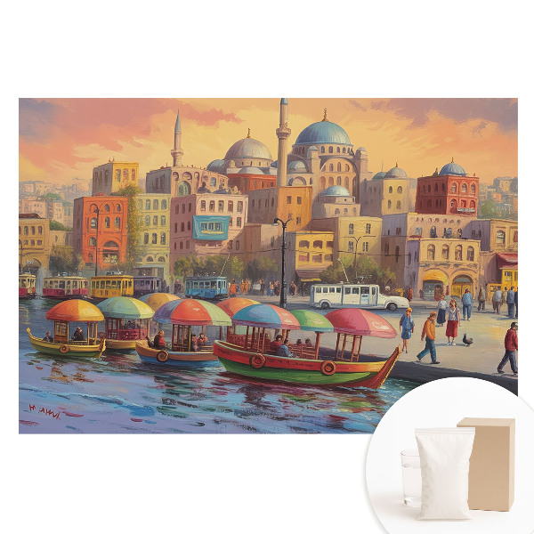 Fototapeta na flizelinie Kolorowe łodzie i kopuły miasta