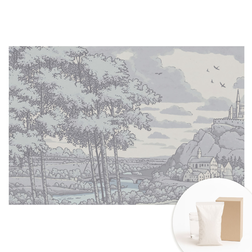 Fototapeta flizelinowa z nadrukiem Zamek las rzeka ilustracja klasyczna