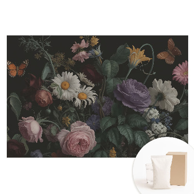 Fototapeta z nadrukiem na flizelinie Kwiatowy bukiet z motylami na ciemnym tle