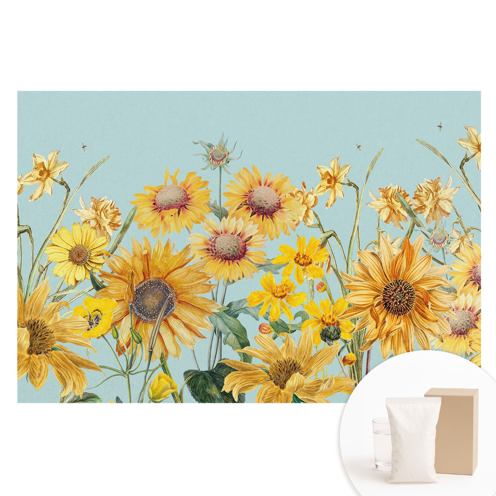 Duża fototapeta na ścianę Rustykalne słoneczniki i kwiaty na błękicie