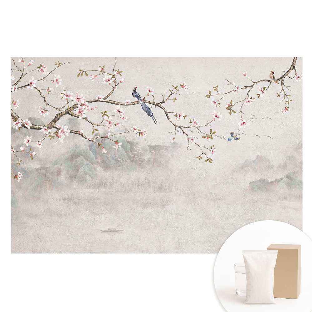 Fototapeta flizelinowa Delikatne kwiaty i ptaki na tle gór