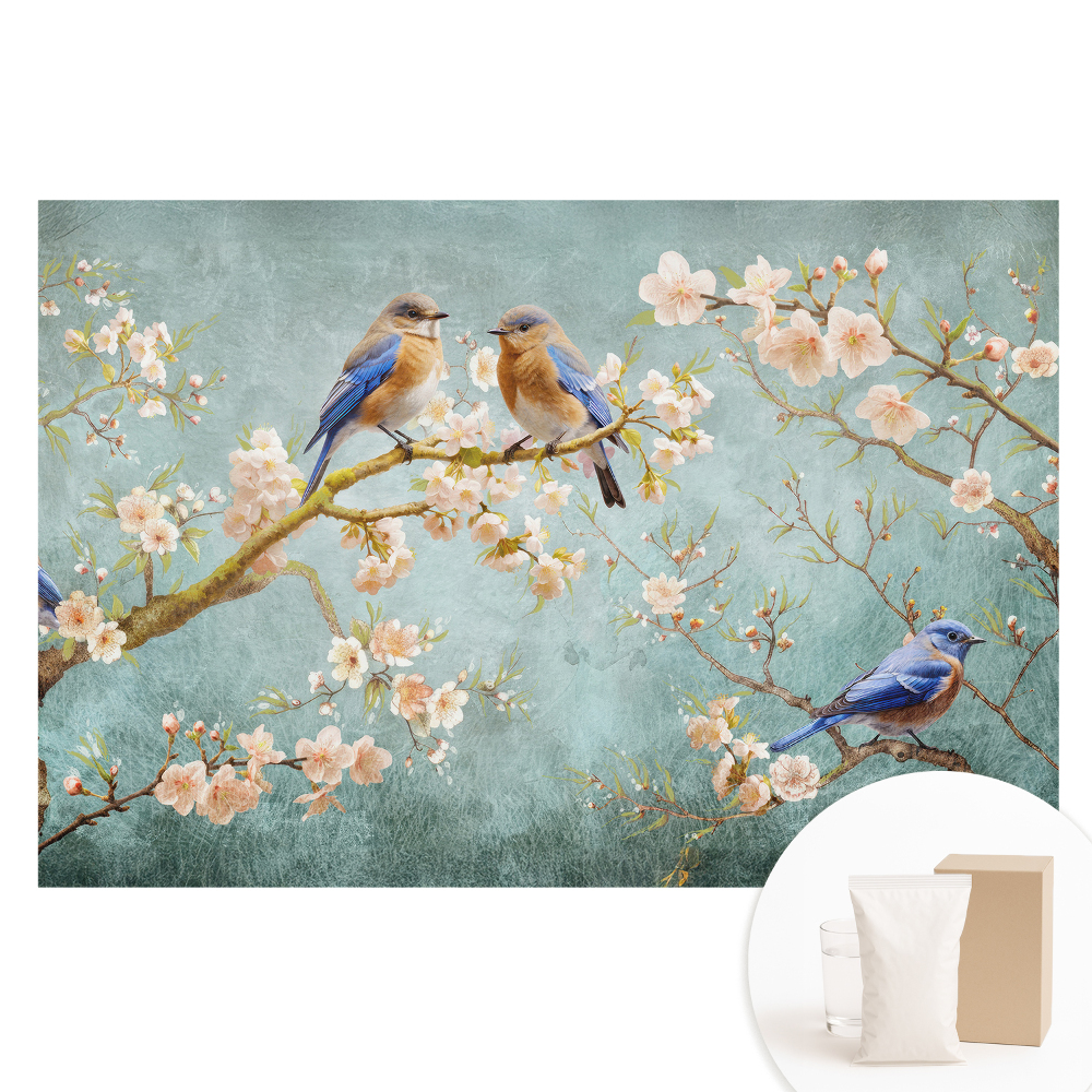 Tapeta fotograficzna flizelinowa Ptaki na kwitnących gałęziach pastelowy wzór