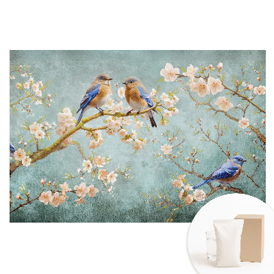 Tapeta fotograficzna flizelinowa Ptaki na kwitnących gałęziach pastelowy wzór