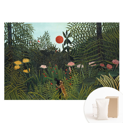 Duża fototapeta na ścianę Tropikalna dżungla z czerwonym słońcem