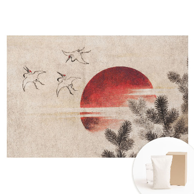 Fototapeta flizelinowa Trzy ptaki i słońce na tle iglastych drzew