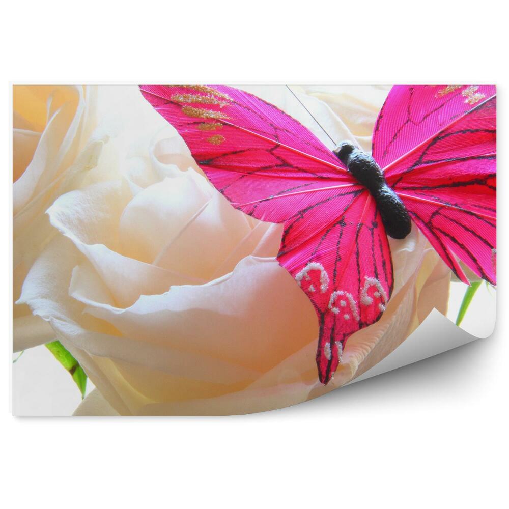 Fototapeta na ścianę Białe róże różowy motyl kwiaty rośliny