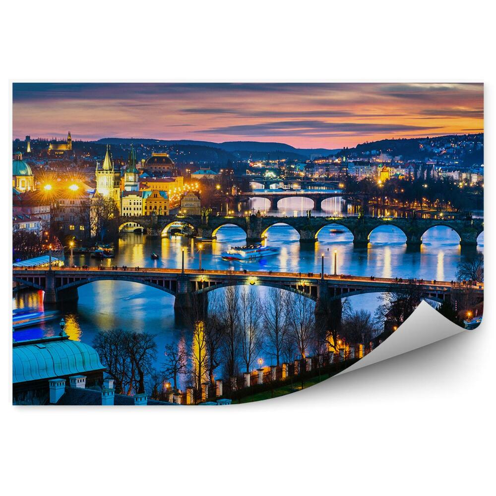 Okleina na ścianę mosty panorama miasta Praga zachód słońca światła