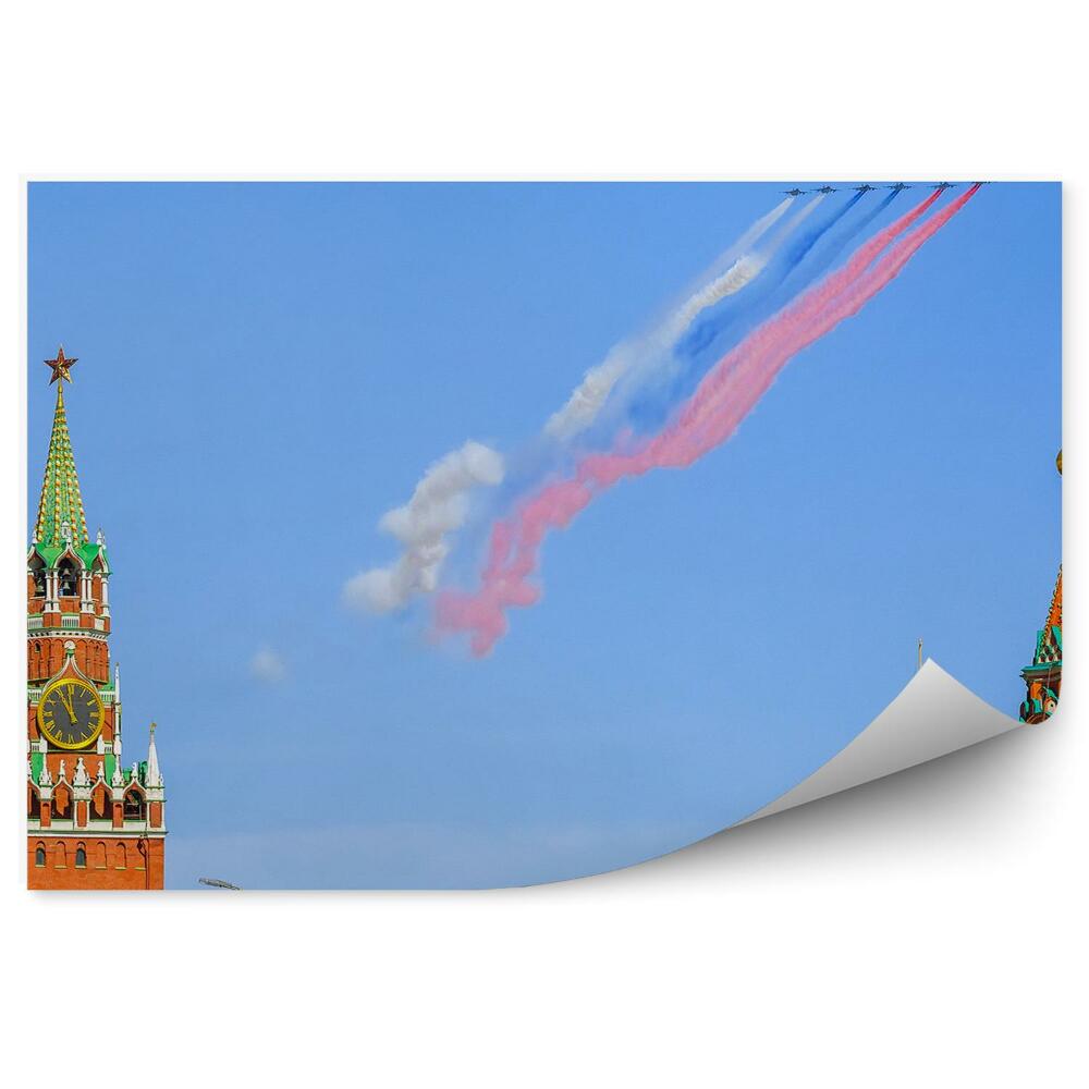 Fotopeta Rosyjska flaga samoloty dym budynki