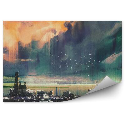 Okleina na ścianę Miasto sci-fi jezioro kolorowe niebo ptaki