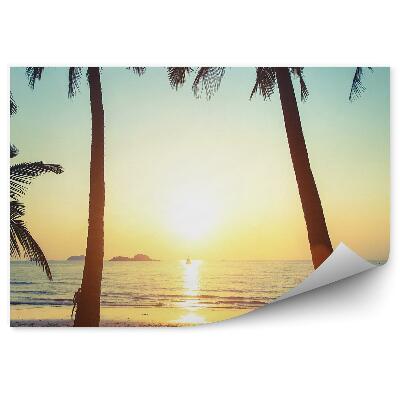 Okleina ścienna Ocean trawa plaża człowiek palmy zachód słońca