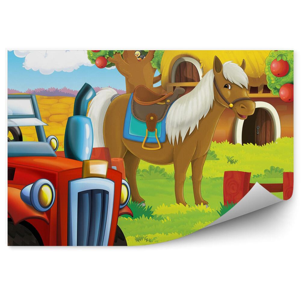 Okleina ścienna Koń traktor jabłoń wieś kolory