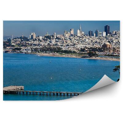 Okleina ścienna budynki zatoka morze niebo drzewa