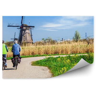 Okleina na ścianę Mężczyźni rowerzyści ścieżka z widokiem na wiatrak