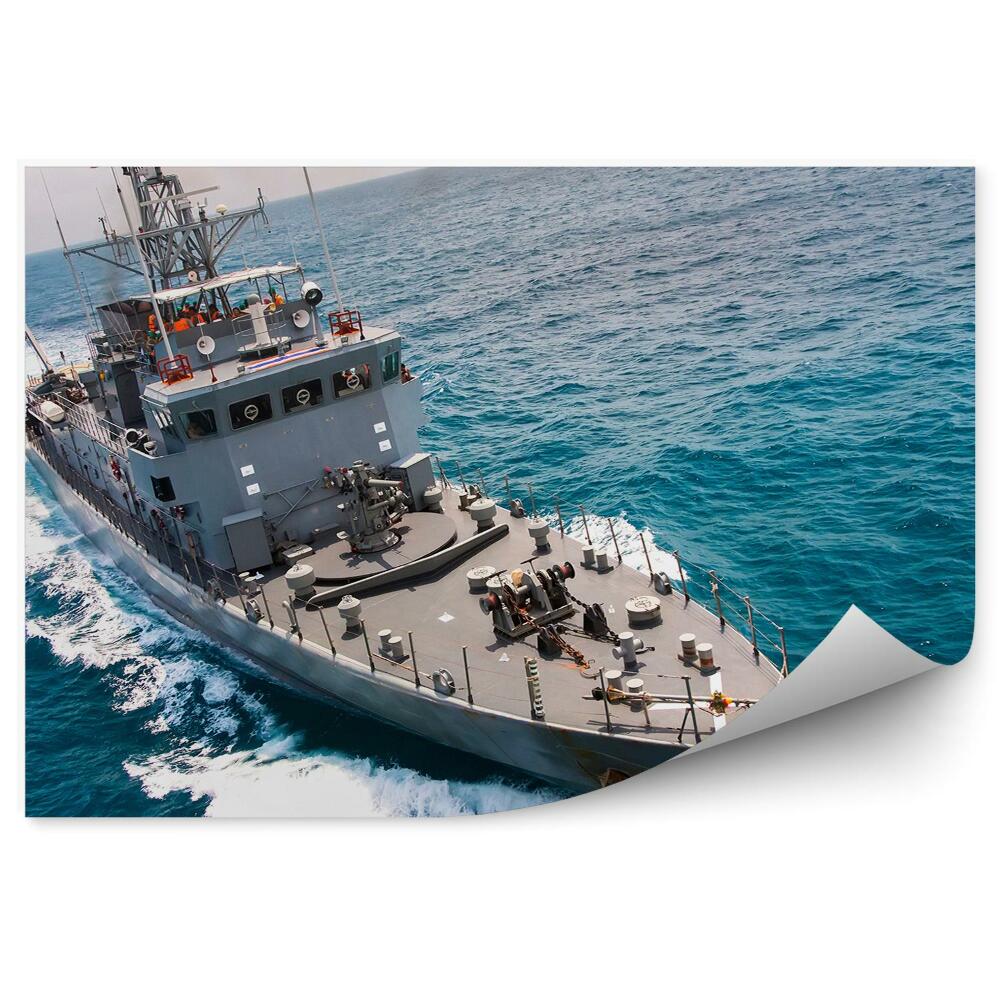Okleina na ścianę Szary wojskowy statek fale błękitne morze