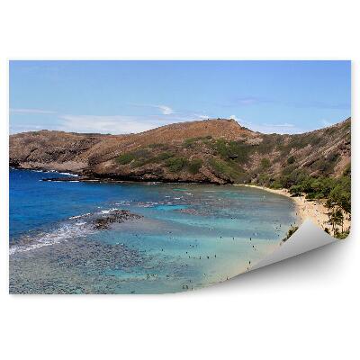 Fototapeta piękna plaża wyspa Oahu ocean ludzie góry palmy Hawaje niebo