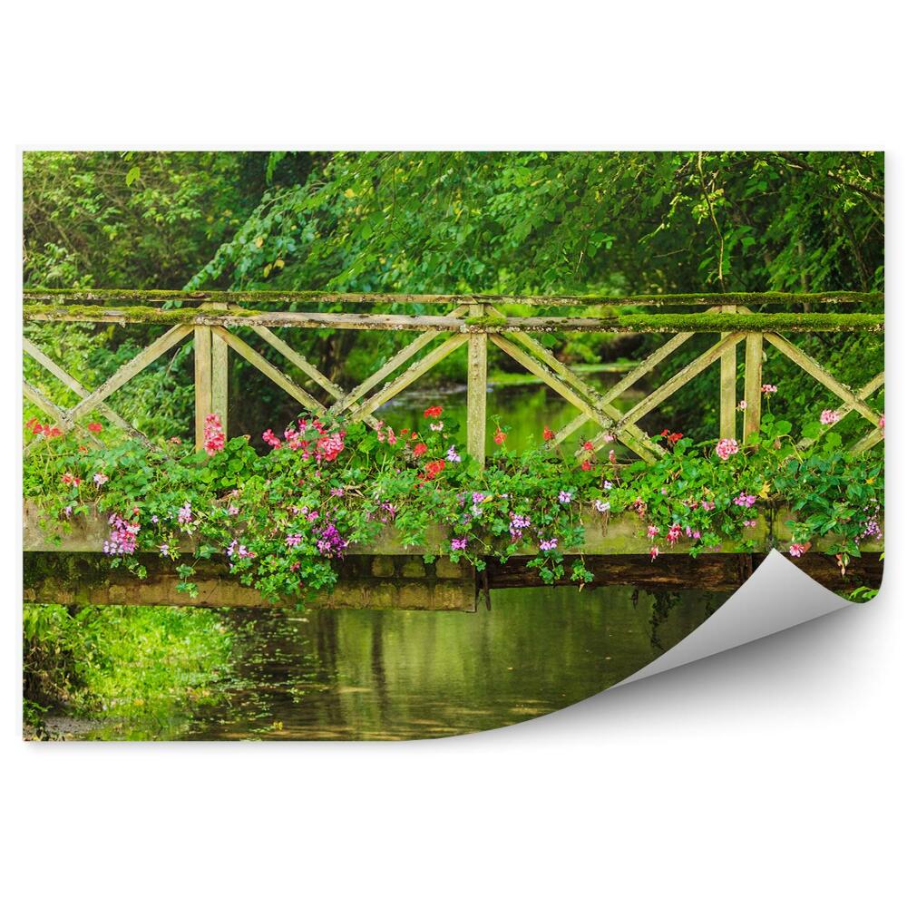 Okleina ścienna Stary most rzeka kwiaty pelargonie drzewa rośliny krzaki