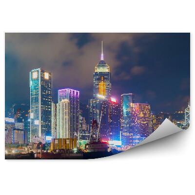 Fototapeta widok wieżowce światła łodzie niebo chmury ocean Hong Kong