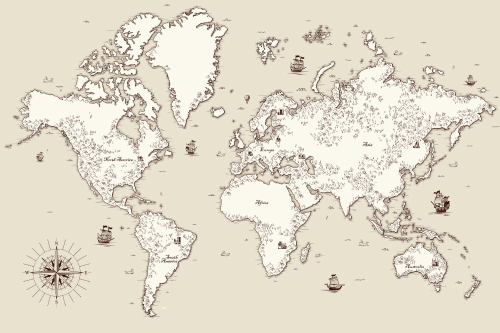 Fototapety Stary mapa świata z elementami dekoracyjnymi