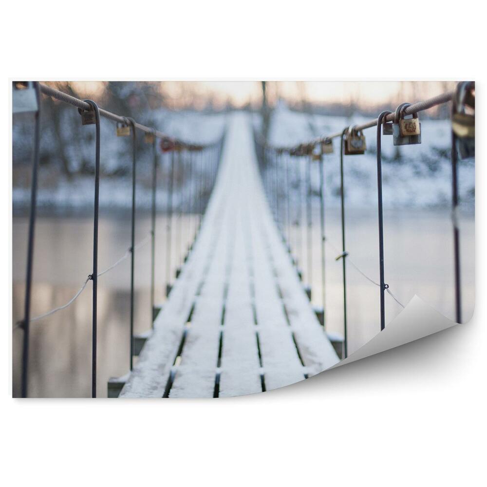 Okleina ścienna Most linowy jezioro drzewa kłódki zima śnieg
