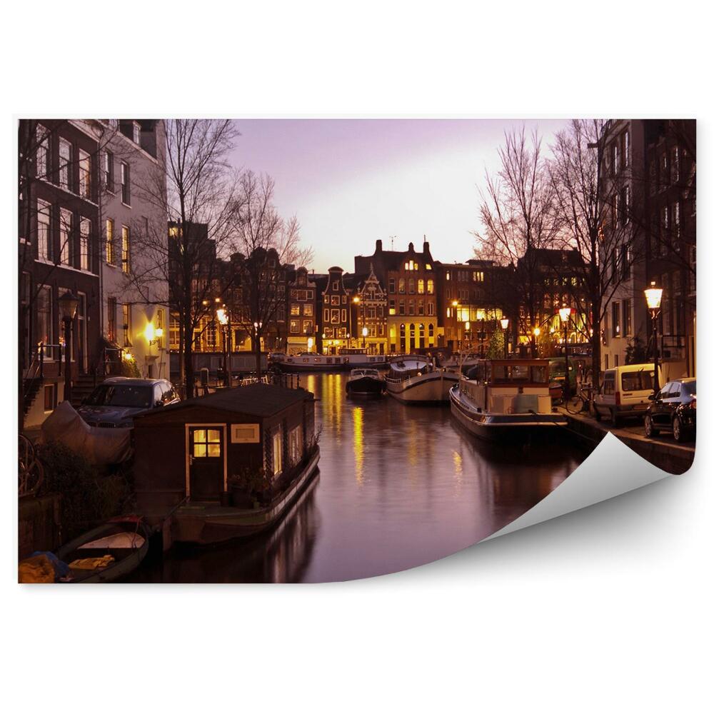 Fototapeta budynki rowery jachty samochody rzeka Amsterdam Holandia