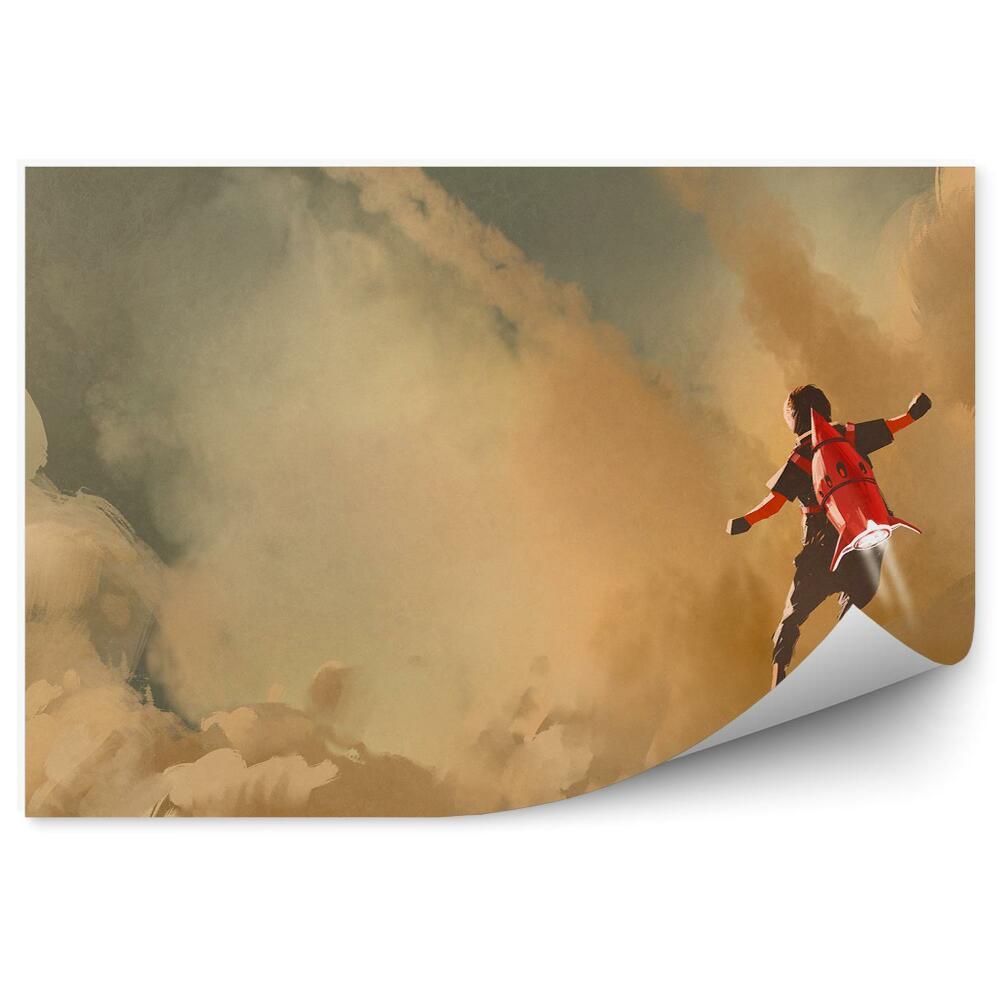 Fototapeta samoprzylepna Chłopiec latanie plecak odrzutowy rakieta chmury