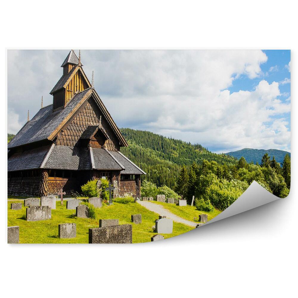 Okleina ścienna Cmentarz norwegia drewniany budynek