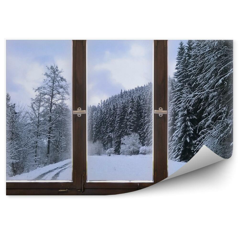 Fototapeta Zima śnieg choinki ścieżka widok za oknem domek