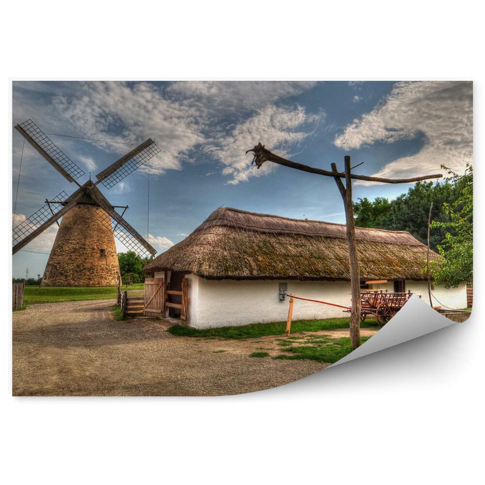 Okleina na ścianę tradycyjny węgierska wieś wiatrak wózek drzewa niebo chmury gleba