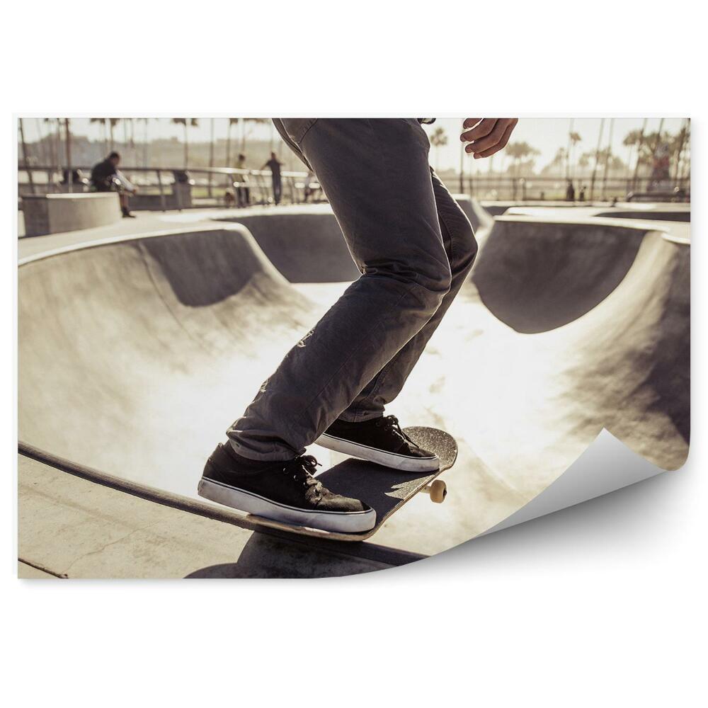 Fototapeta samoprzylepna Skatepark ławki ludzie palmy deskorolka sport ekstremalny