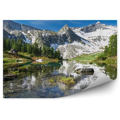 Okleina ścienna Góry jezioro śnieg kamienie drzewa iglaste ałtaj rosja