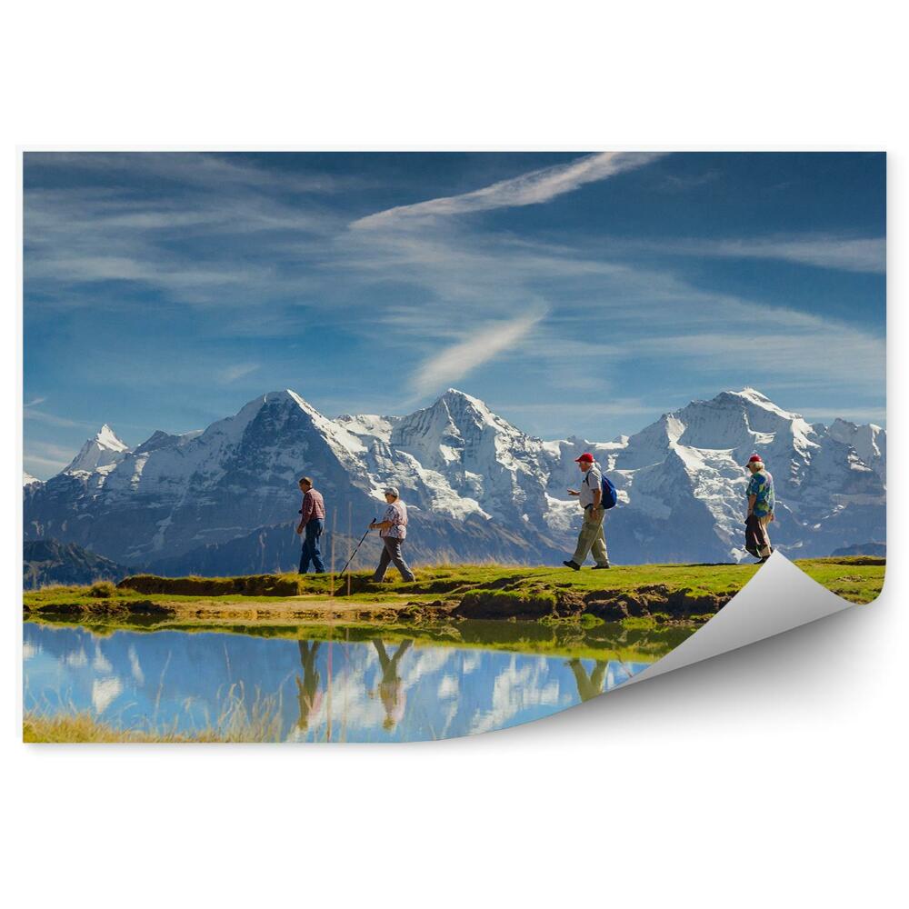 Okleina na ścianę Sport góry alpy szwajcarskie staw rośliny ludzie