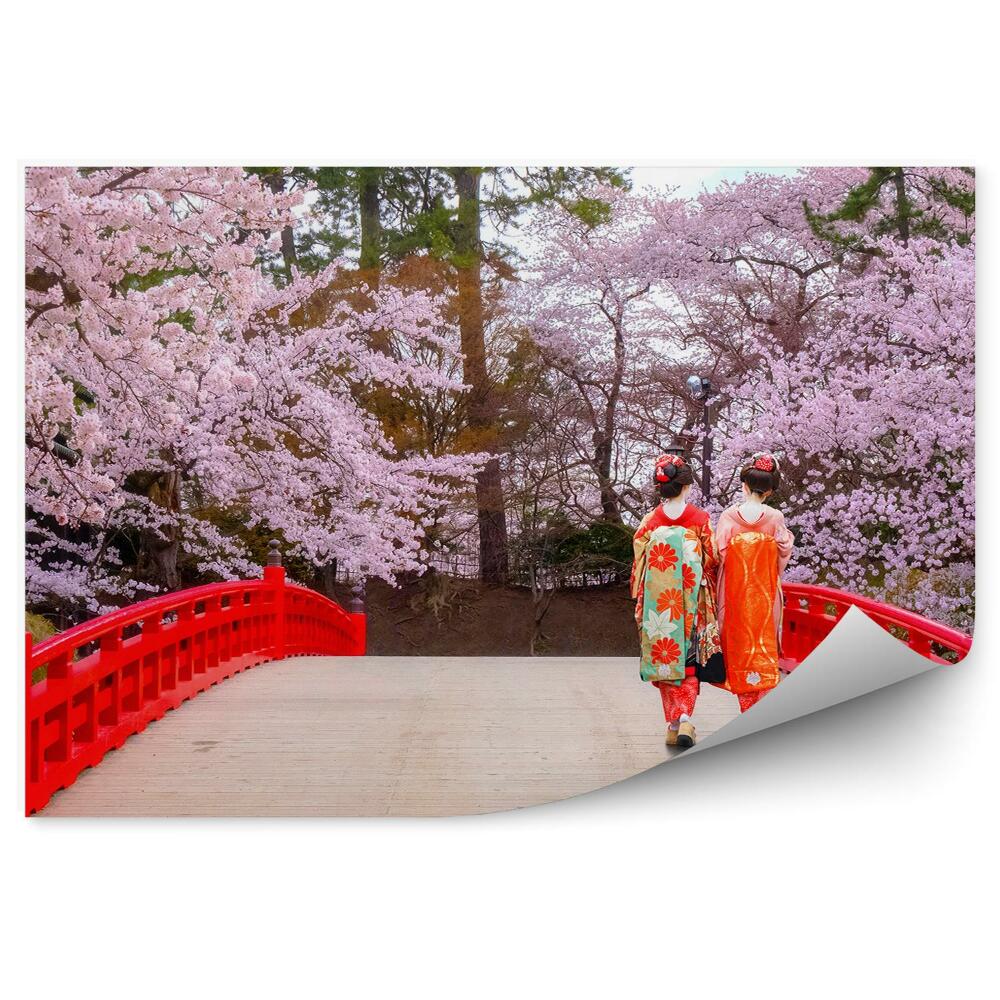 Fotopeta Red most gejsze kimono natura drzewa